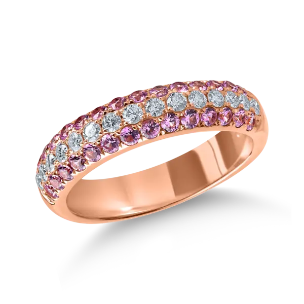 Inel semi eternity din aur roz cu safire roz de 0.6ct si diamante de 0.3ct