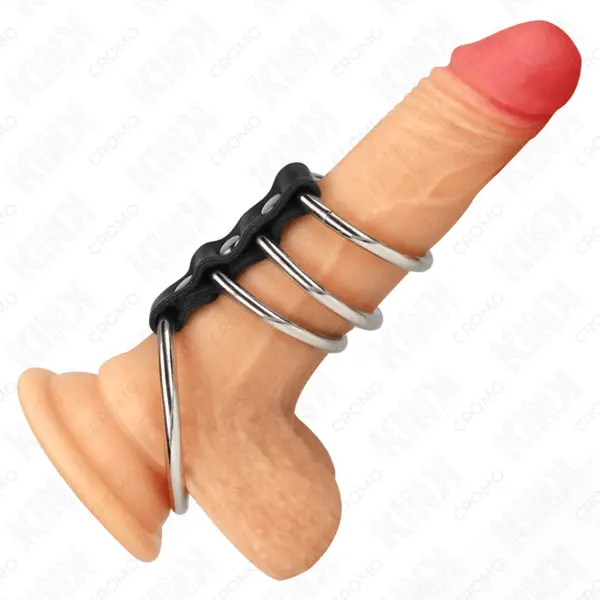 Inele pentru penis KINK – 4 Metal Penis Rings 3.7 cm to 5 cm, conectate prin piele, dimensiuni variabile