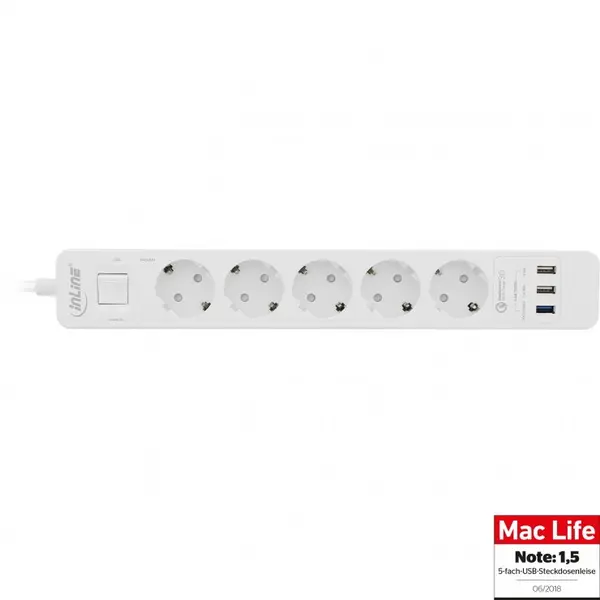 Inline Prelungitor cu 5 x Schuko + 3 x USB-A Quick Charge 1.5m Alb, InLine IL16491T