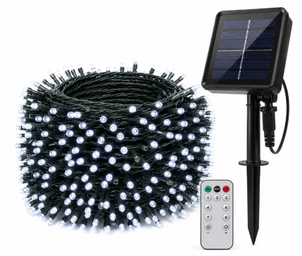 Instalatie solara 1000 LED de 100 metri cu telecomanda pentru exterior ALB RECE HS