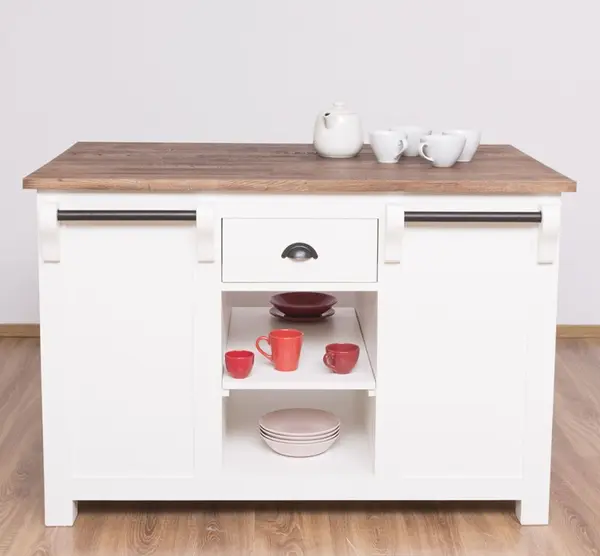 Insula de bucatarie, blat stejar cu finisaj Signal White / Coffee Brown