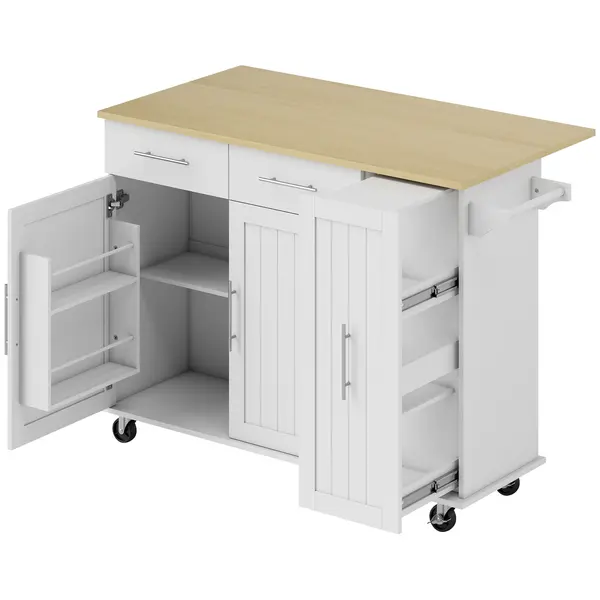 Insula de Bucătărie HOMCOM cu 5 Roți și Suport pentru Prosoape, 2 Sertare, 4 Rafturi și Dulap, din Lemn, 129x65x91 cm | Aosom Romania