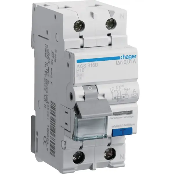 Intrerupator automat cu diferential RCBO 1P+N 16A/10mA 6kA tip A curba B QuickConnect Hager ACS916D