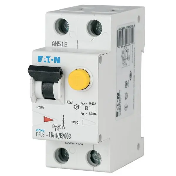 Intrerupator automat diferential RCBO 1P+N 6A/30mA curba B tip AC Eaton 286428
