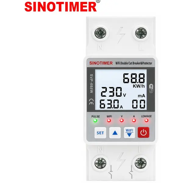 Intrerupator inteligent, dubla deconectare, WiFi Sinotimer SVP688W-63A2, 63A, consum energie, diferential si temperatura