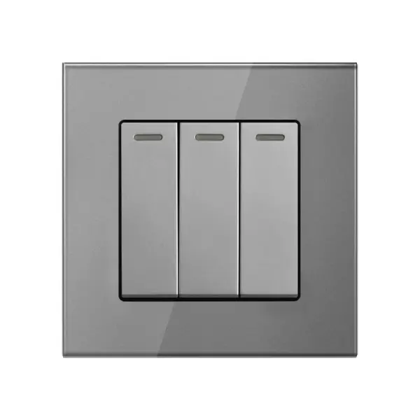 Intrerupator Triplu Cap Scara Cu Panou Din Sticla Securizata Techstar® TGS 01, 220V, 16A, 86 X 86 Mm, Gri, cu 3 Faze