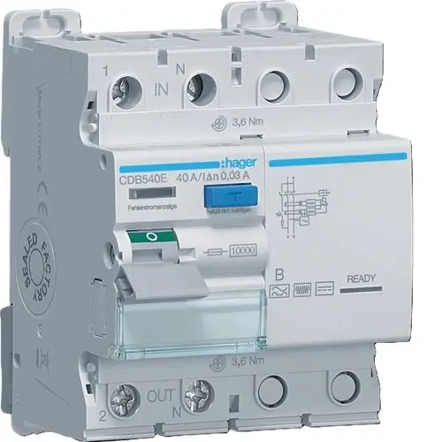 Intreruptor diferential RCCB Hager CDB540E, 1P+N, 10kA, 40A, 30mA, 4M, Tip B