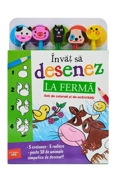 Invat sa desenez. La ferma. Set de colorat și de activitati (contine 5 creioane si 5 radiere)