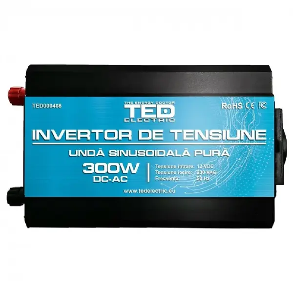 Invertor sinus pur 300W 12V 230V, varf 600W, pentru auto, panouri solare, rulota si camping
