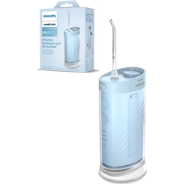 Irigator bucal Philips Compact Flosser 1000 HX3333/24, 3 moduri curatare, Rezervor apa 200 ml, Autonomie 14 zile, 2 capete, Albastru