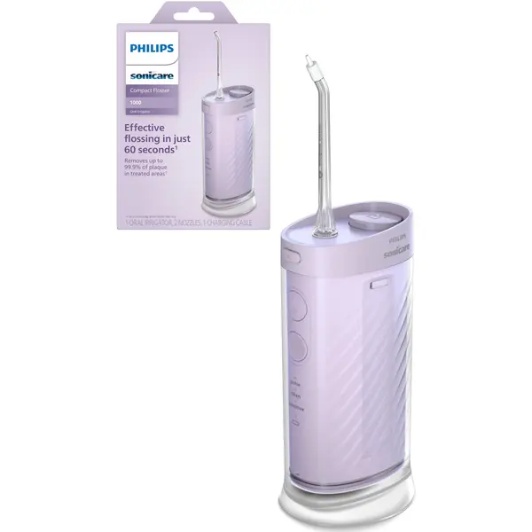 Irigator bucal Philips Sonicare Compact Flosser 1000 HX3333/23, 3 moduri curatare, Rezervor apa 200ml, Autonomie 14 zile, 2 capete, Mov