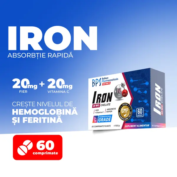 Iron Chelate BP, Fier Bisglicinat 20 mg + Vitamina C, 60 Comprimante – Absorbție Rapidă