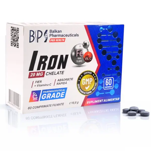 Iron Chelate BP, Fier Bisglicinat 20 mg + Vitamina C, 60 Comprimante – Absorbție Rapidă