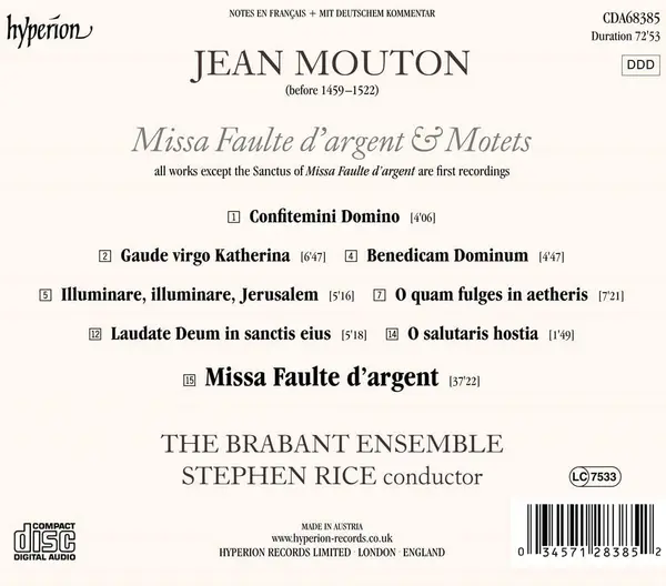 Jean Mouton: Missa Faulte D'argent & Motets | The Brabant Ensemble, Stephen Rice