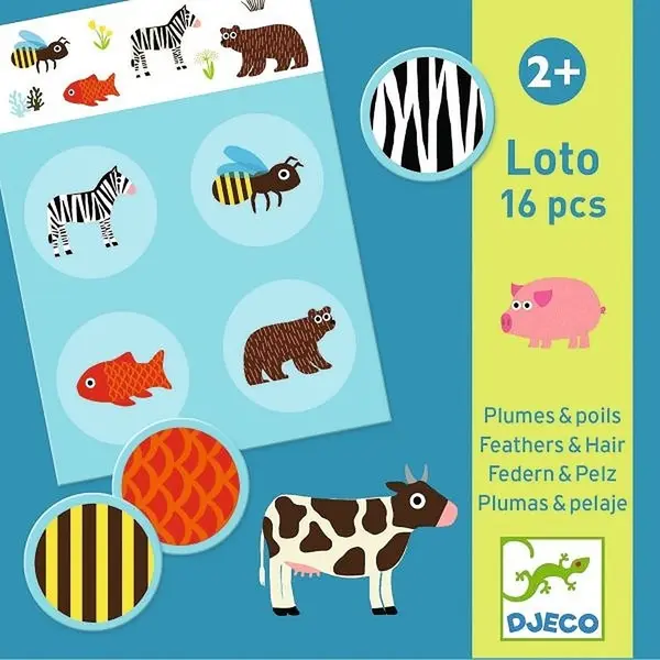 Joaca de copii Loto Djeco - Pene și blană, 16 bucăți