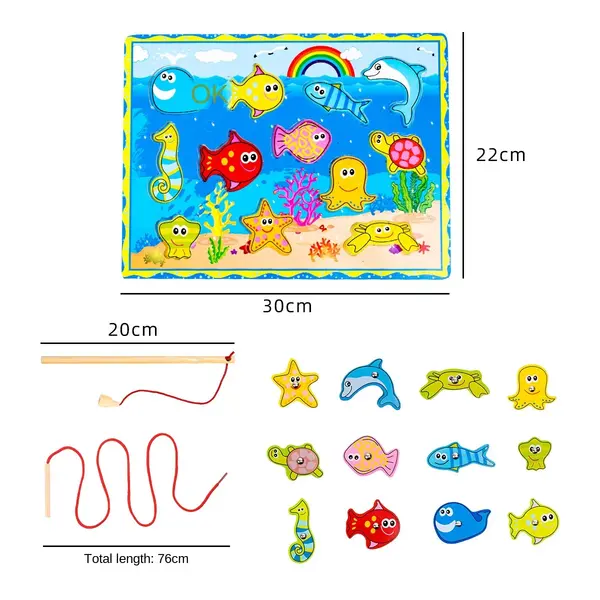 Joc 3-in-1 Ocean - pescuit magnetic, snuruit si sortare forme din lemn ZukiToys.ro