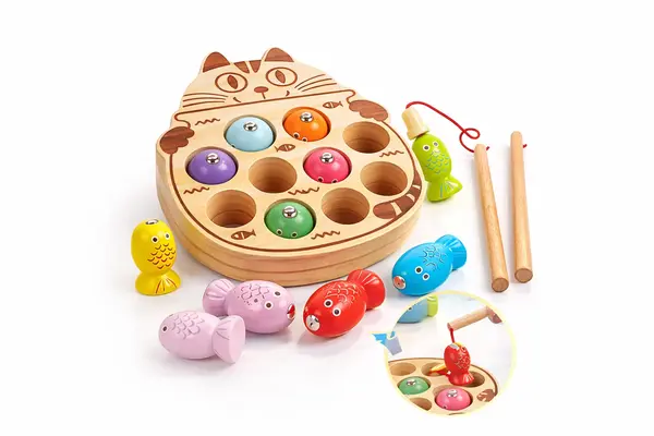 Joc de pescuit magnetic din lemn pentru copii cu tabla pisica, 10 pesti si 2 undite