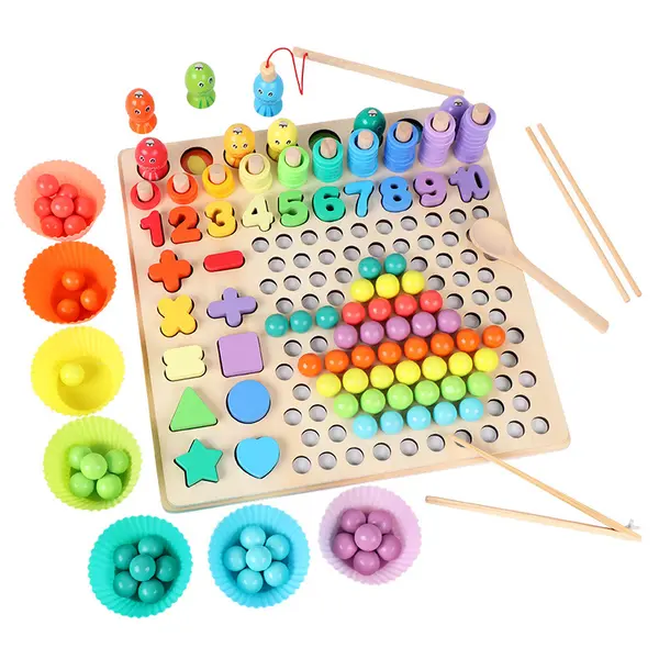 Joc din lemn Montessori 5-in-1 - pescuit magnetic, forme, matematica si dexteritate