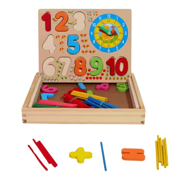 Joc educativ cu puzzle numere ,betisoare si tabla de scris cu creta,lemn,24x19x3 cm