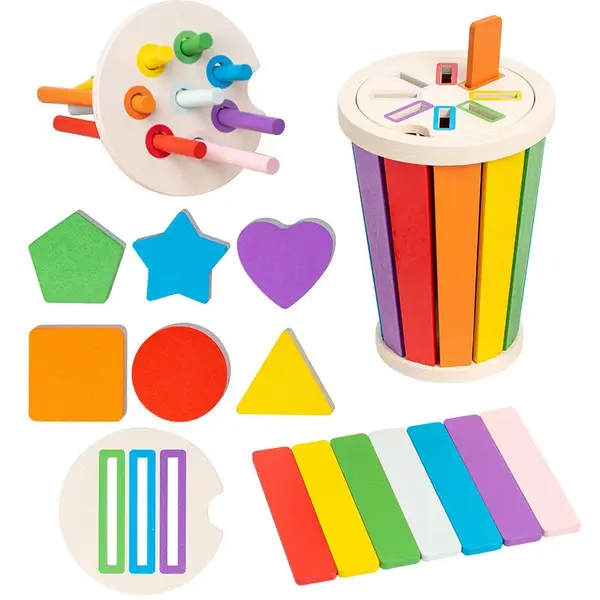 Joc educativ din lemn 3-in-1 cu sortare culori si potrivire forme