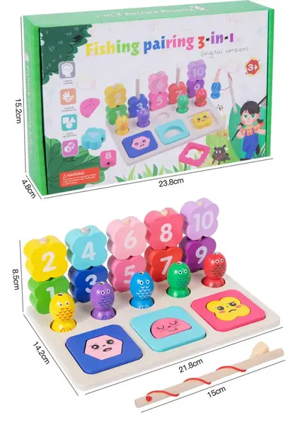 Joc educativ din lemn 3 in 1, sortator,pescuit si puzzle numere ,23x15 cm,+3 ani