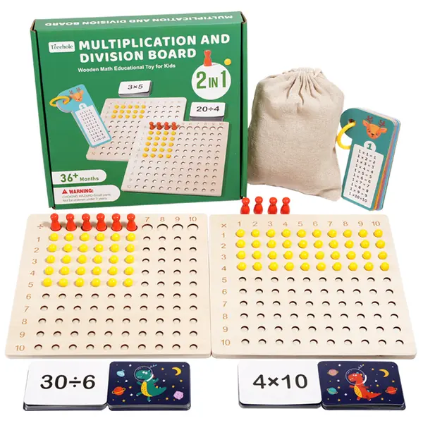 Joc educativ Montessori din lemn cu tabla inmultirii si impartirii, 224 piese