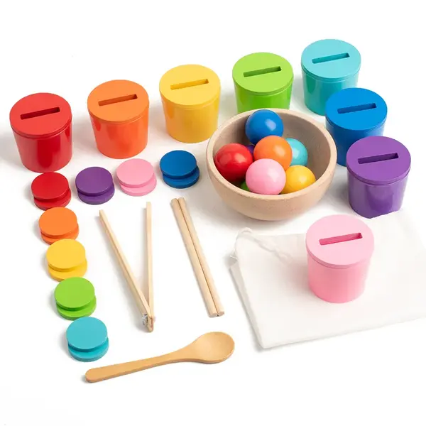 Joc educativ Montessori - sortare culori cu pahare, monede si bile