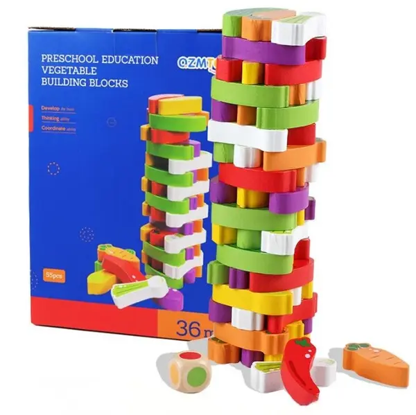 Joc Jenga din lemn cu legume, turn de echilibru - multicolor