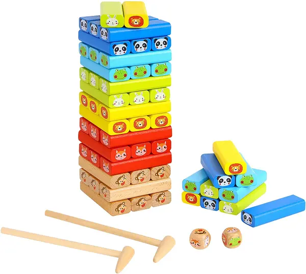 Joc Jenga si Domino din lemn - multicolor 4-in-1 pentru copii 3 ani+