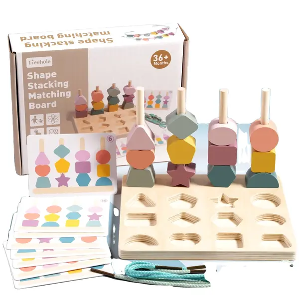 Joc logic 3-in-1 din lemn - Forme geometrice, stivuire si snuruit ZukiToys.ro