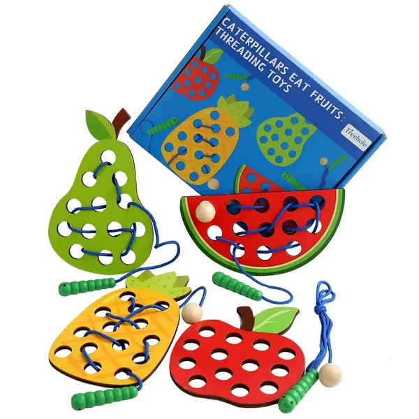Joc Montessori de snuruit din lemn cu fructe colorate si omida