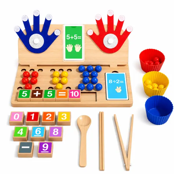 Joc Montessori matematic cu degete, numere si bile colorate din lemn