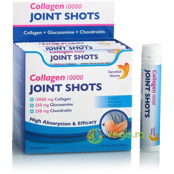 Joint Shots - Colagen Lichid Hidrolizat de Tip 1,2 si 3 - 10000mg cu Glucozamina Sulfat, MSM, Condroitina, Turmeric, Ceai Verde si Vitamine 20 fiole