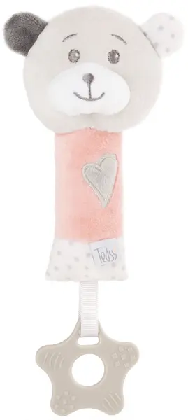 Jucărie de bebeluș cu inel de dentiție Tedsy - Ursulet, 16 cm, roz
