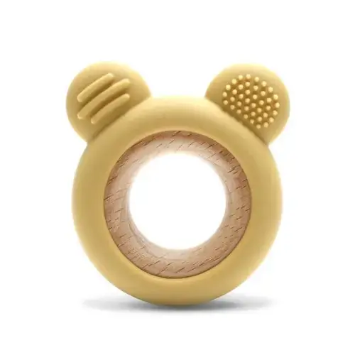 Jucarie de dentitie Lorelli Bear, din silicon si lemn de fag, 0 luni+, Galben