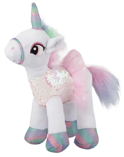 Jucărie de pluș Amek Toys - Unicorn cu rochie din paiete, alb, 24 cm