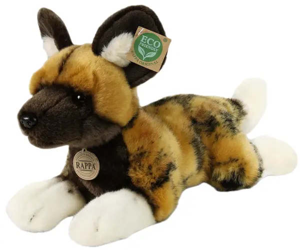 Jucărie de pluș Rappa Eco Friends - Câine sălbatic african culcat, 34 cm