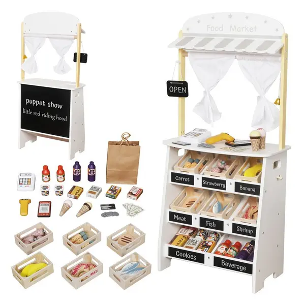 Jucarie de rol, Teatru si magazin, 2 in 1, Din lemn, Cu multiple accesorii, 3 ani+