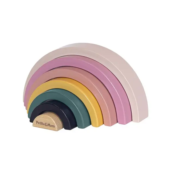 Jucarie de stivuire, Petite&Mars, Rainbow Stardust Wood of Mars, 7 piese, 24 luni+, Multicolor