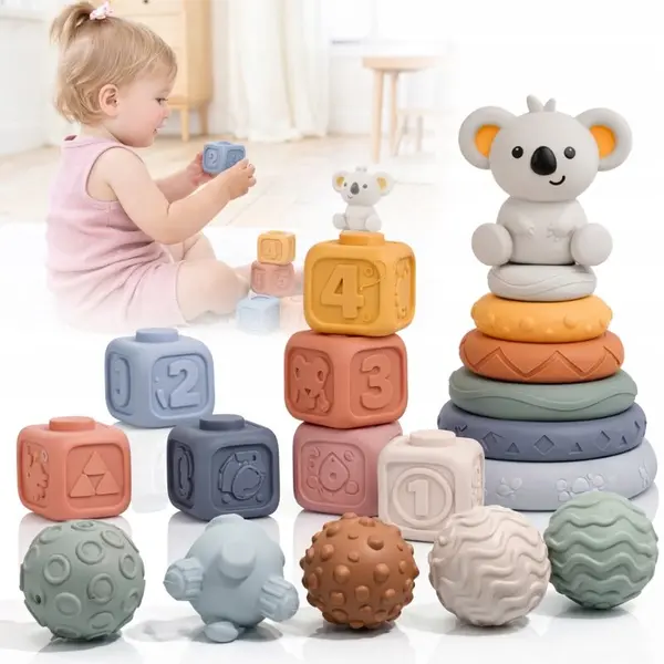 Jucarie de stivuit, Primabobo, Cu blocuri senzoriale din cauciuc, bile Montessori, figurina Koala, discuri, Texturi diverse, 19 piese, 6 luni+, Multicolor