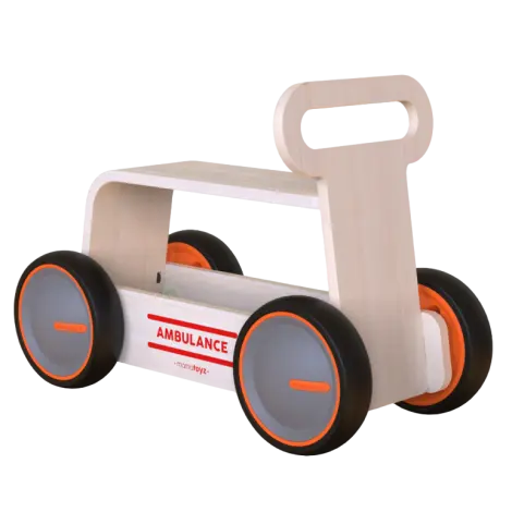 Jucarie din lemn 3 in 1 Ambulanta DriveMe Wood: masinuta ride-on, premergator si carucior de jucarii MamaToyz