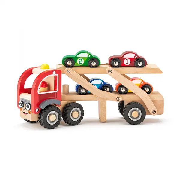 Jucarie din lemn , Camion cu maE ini de curse (set cu rampa)