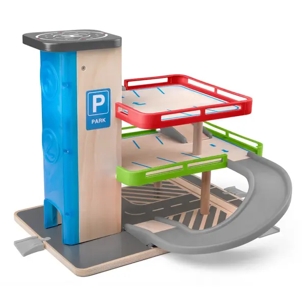Jucarie din lemn , Garaj cu lift E i accesorii (3 niveluri)