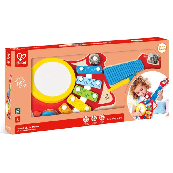 Jucarie din lemn , Set muzical 6 A n 1 tip chitara (instrument multifunctional copii)