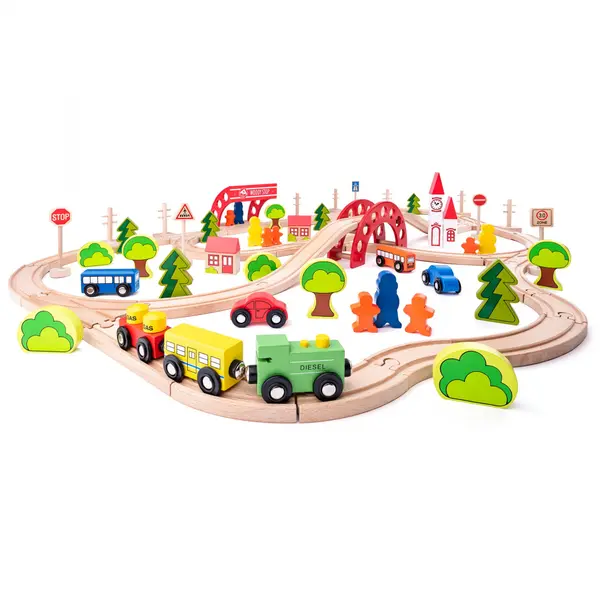 Jucarie din lemn , Set tren cu pod E i bariera (90 piese)