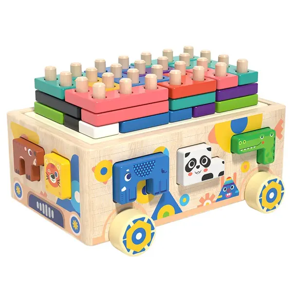 Jucarie din lemn tip camion cu sortator forme geometrice si animalute