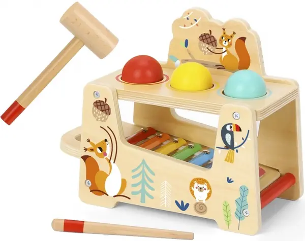 Jucarie din lemn Tooky Toy - Xilofon cu bile si ciocan,Lumea padurilor