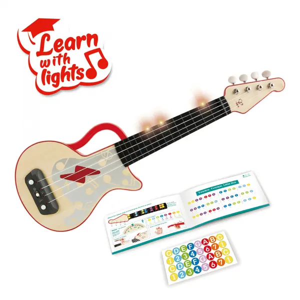 Jucarie din lemn , Ukulele rosu cu lumini, pentru copii (invata sa canti)