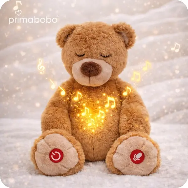 Jucarie din plus senzoriala, Primabobo, Ursulet, 36 cm, Cu lumini ce simuleaza respiratia, Senzor pentru plans, Inregistrare vocala, Temporizator, 6 luni+, Maro