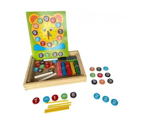 Jucarie educativa 3 in 1 pentru copii cu tabla magnetica, creta, ceas si accesorii de invatare